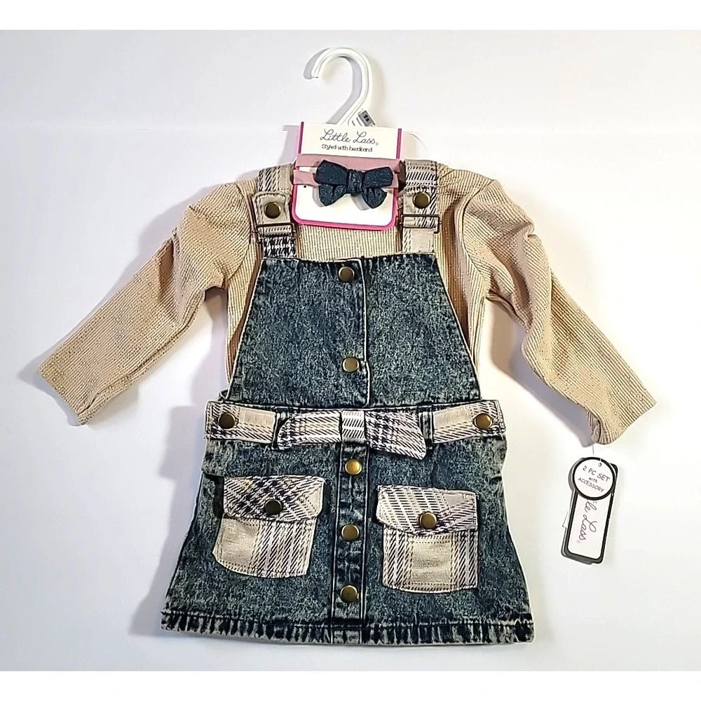Little Lass Baby Girl Size 18M Denim Jean Bib & Plaid Dress-Bodysuit & Headband